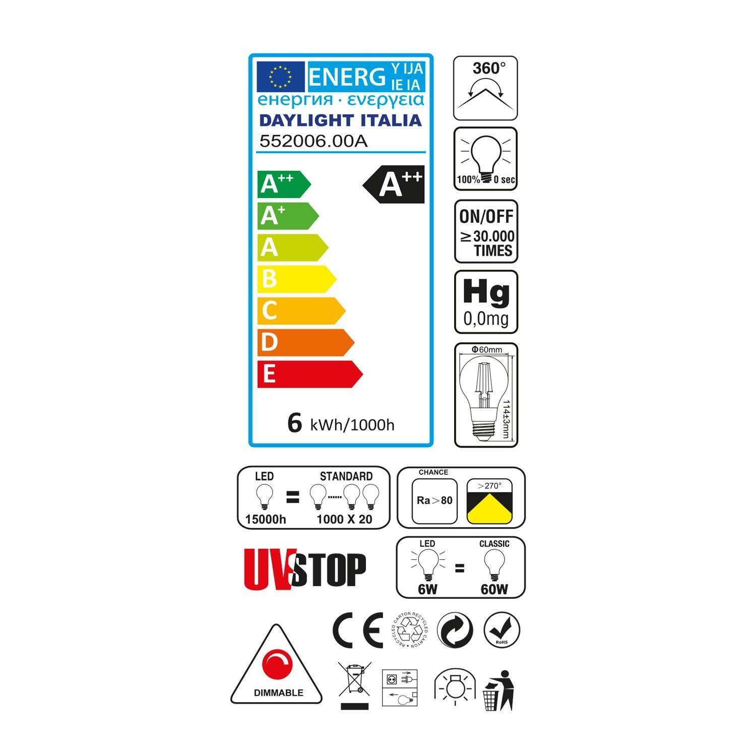 LED SMART Wifi žarnica A60 Drop z ravnimi nitkami 6W E27 2700K zatemnilna