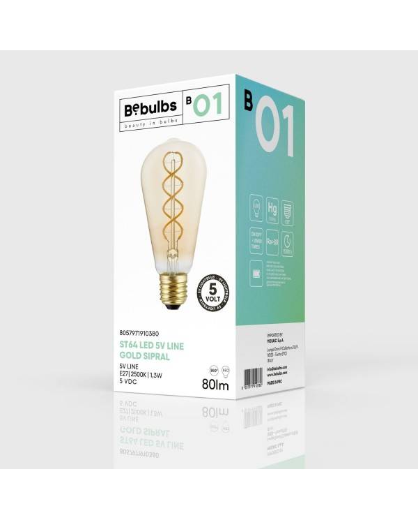 LED zlata sijalka B01 5V Collection spiralna nitka Edison ST64 1,3W E27 zatemnilna 2500K