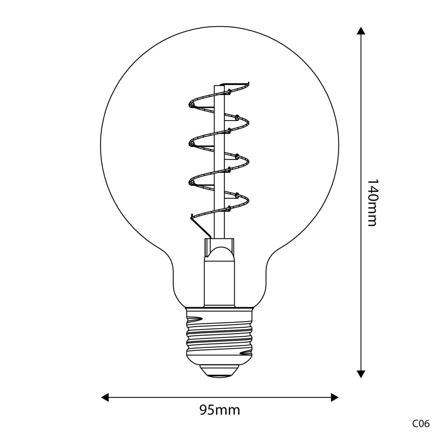 LED zlata sijalka C06 Carbon linija, spiralna nitka G95 4W E27 zatemnilna 1800K