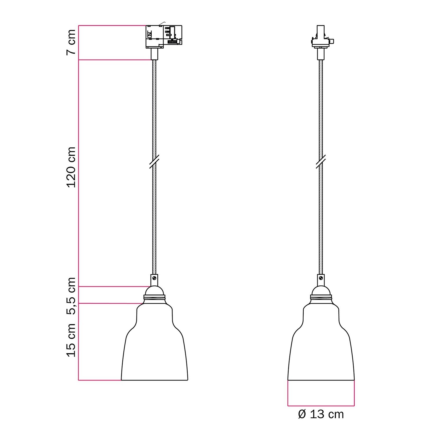 Lustră suspendată cu abajur Vaso și adaptor pentru șină